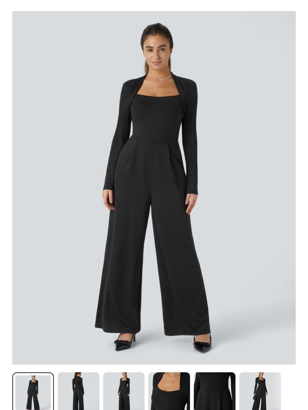 HALARA Black Square-Neck Wide-Leg Jumpsuit with Long Sleeves